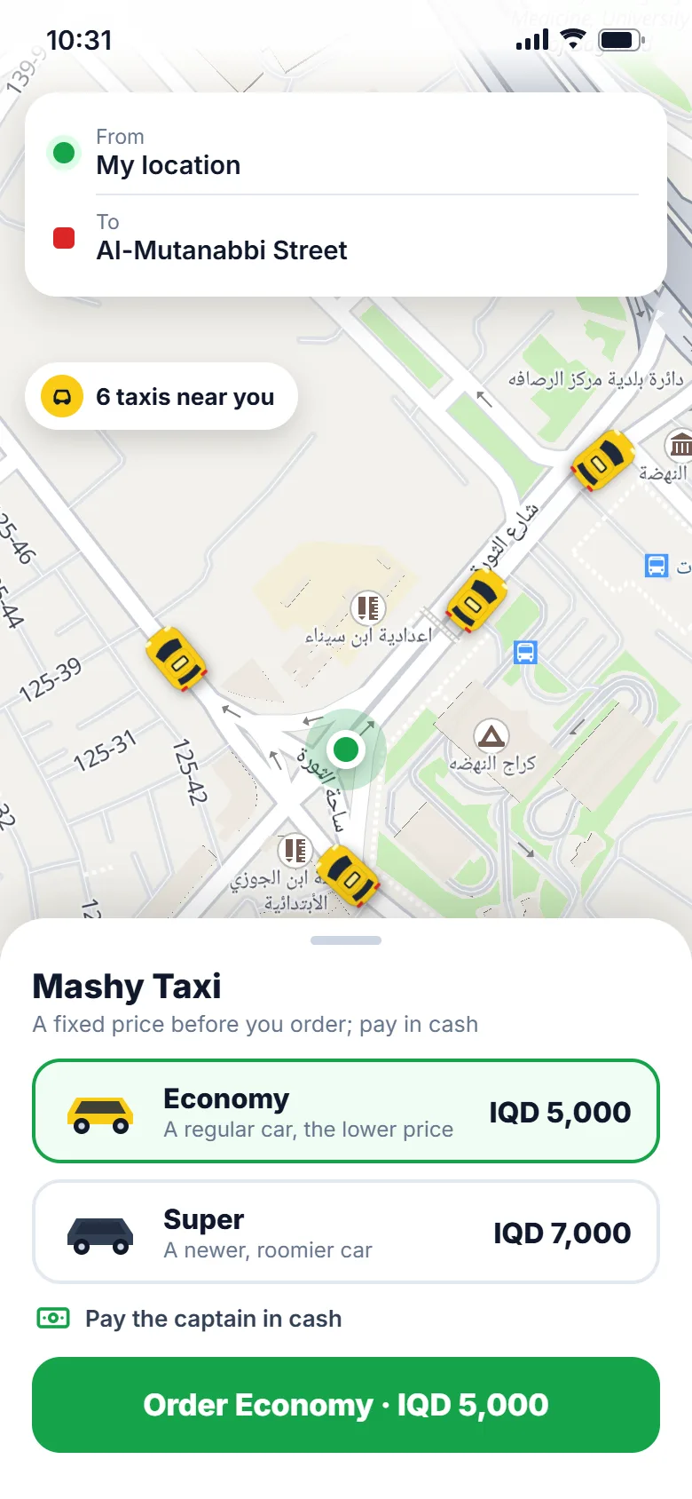 Ordering a taxi in Mashy: Economy for IQD 5,000 or Super for IQD 7,000, paid in cash